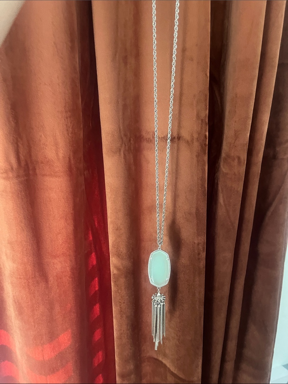 Kendra Scott Silver Necklace with Light Mint Oval Stone and tassel